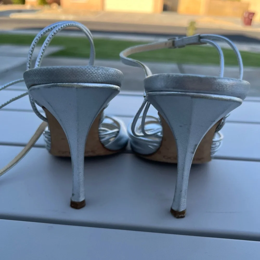 Jimmy Choo Silver Metallic Ankle Strappy Stiletto Heels - Picture 6 of 8